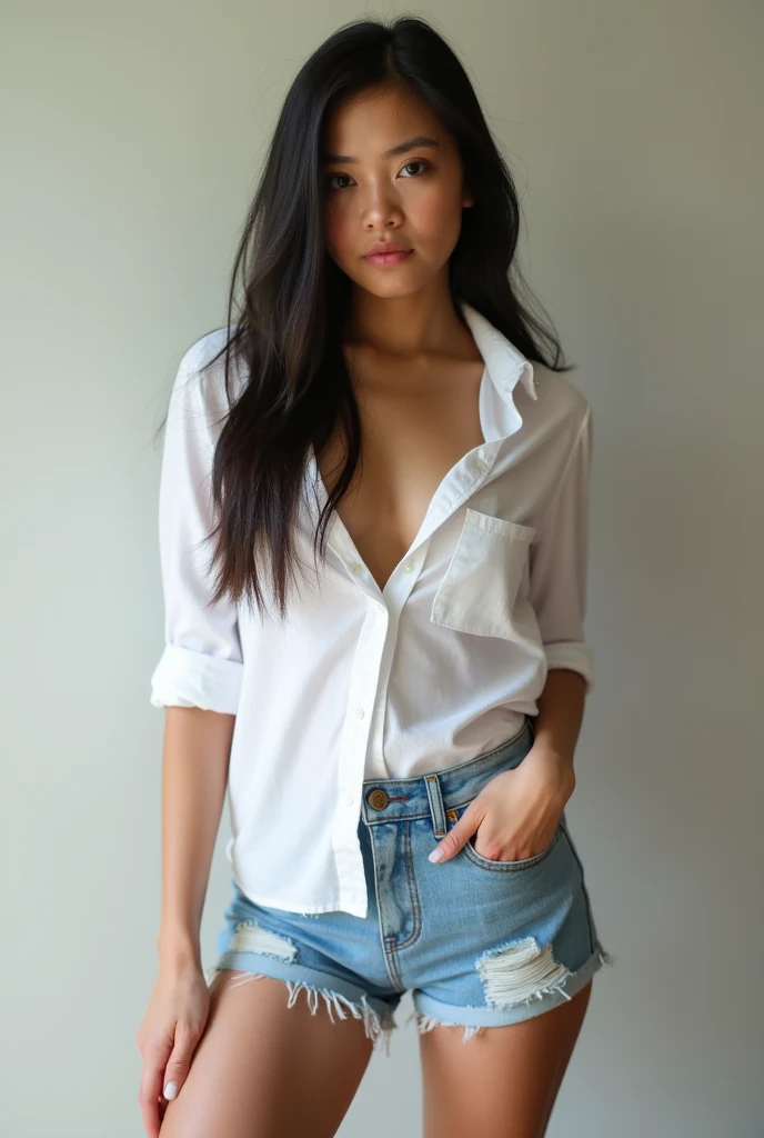21 year old Indonesian girl white shirt button open jeans shorts blowjob cum in mouth in the room. 