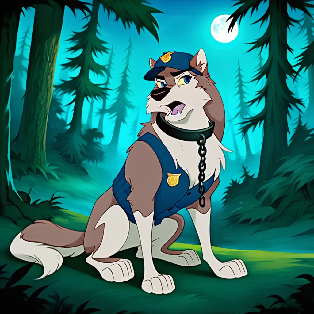 score_9, score_8_up, score_7_up, score_6_up, score_5_up, score_4_up,  aleu, blue eyes, solo, open mouth, full body, outdoors, no humans, night, fangs, dog, animal focus, white fur, 1girl, wolf, animal, body fur, two tone fur, yellow sclera, sitting, trees, moon, forest, police dog vest, chain collar, badge, police baseball cap 