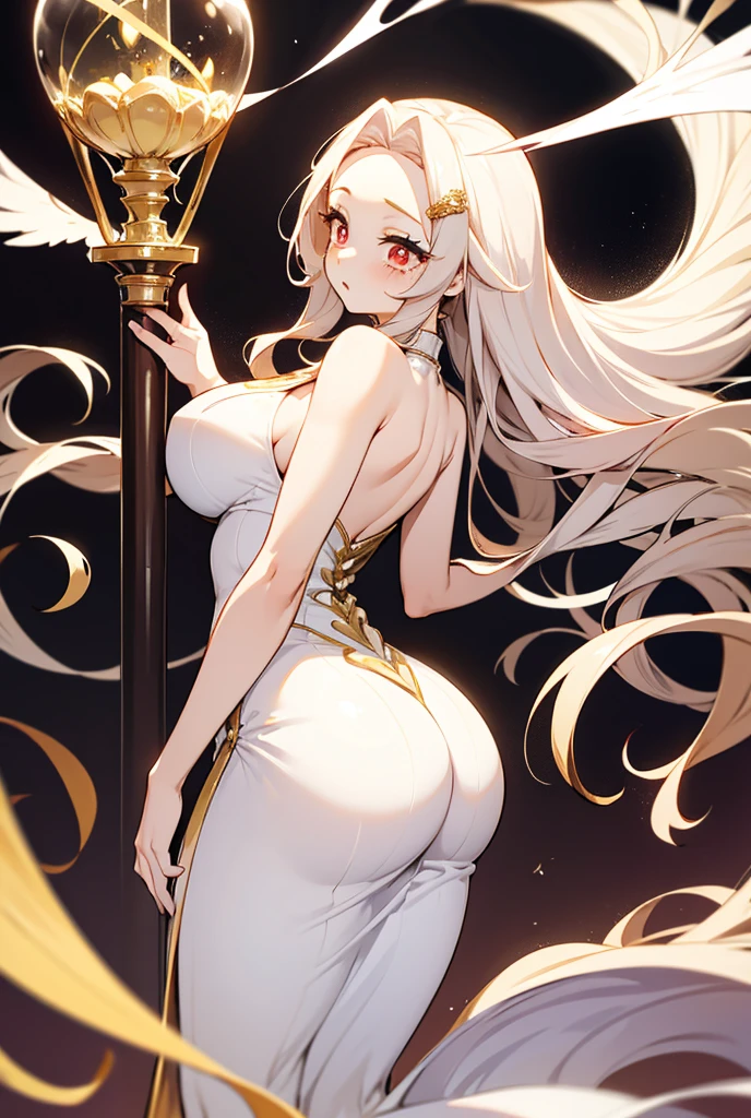  Woman with long white hair

Red eyes 

Uniform vestido blanco con dorado pegado al cuerpo ( hourglass body , with large breasts and wide hips)


 Angel wings big in the hair and back

Blushed and surprised 

Cabello blanco 