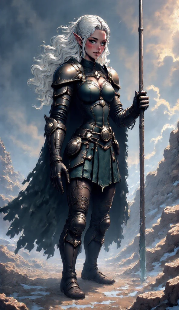  A young Viking woman with long hair,  in armor and spear ,  body tattoos ,  on a beach with oil and white foam , Storm weather 