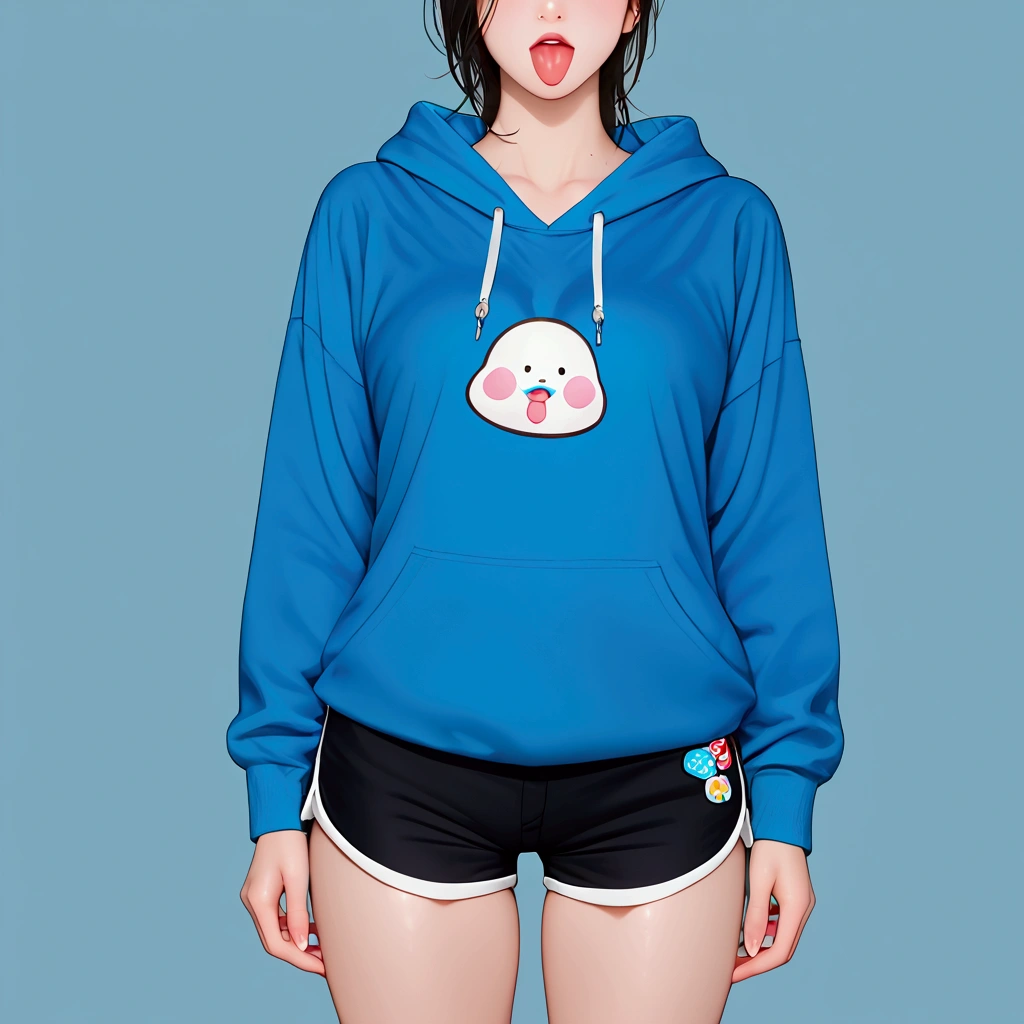 A girl with black hair with a blue gradient, blue sweatshirt with puppy print, sticking out the tongue, short dolphin shorts black 