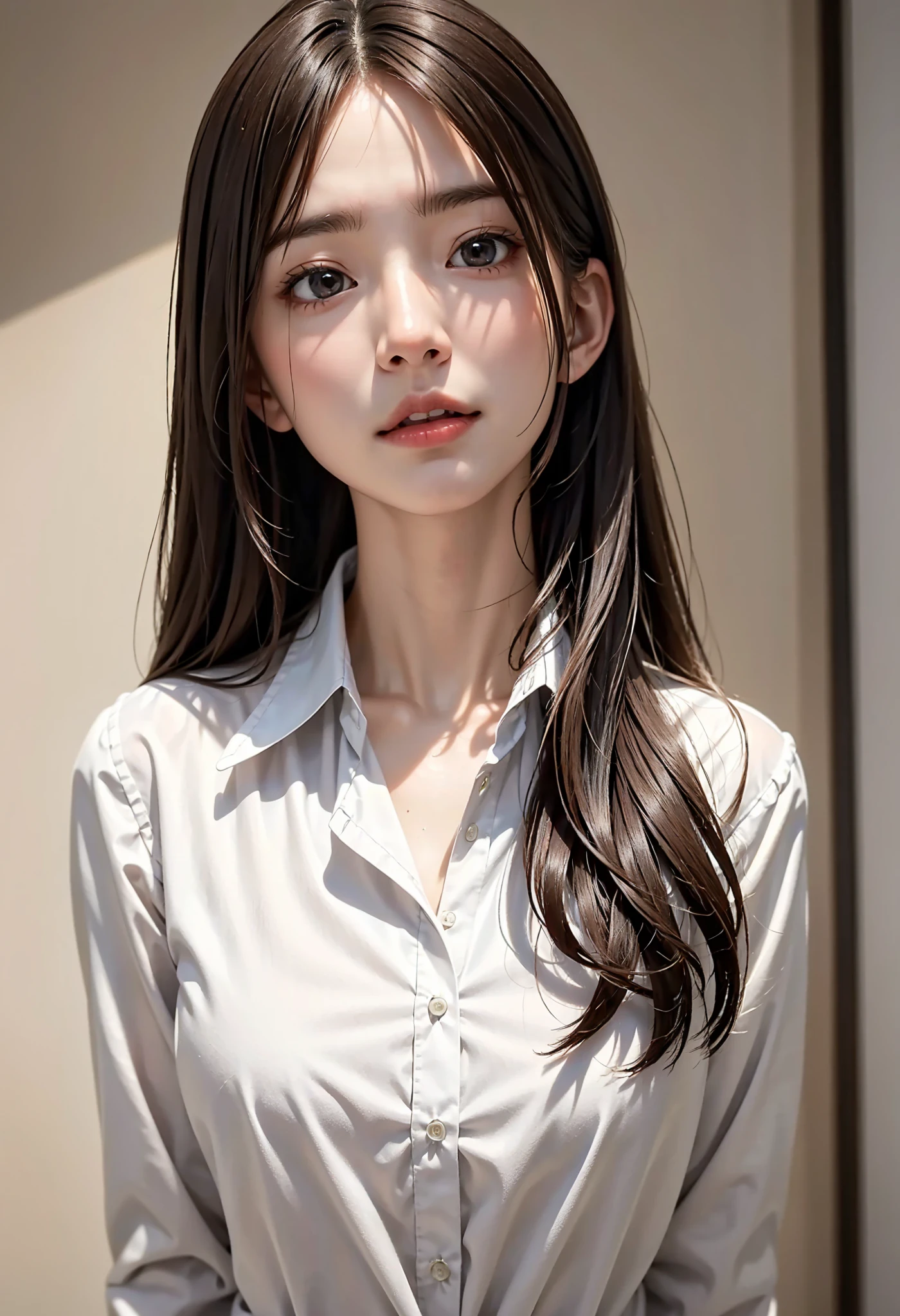  photorealistic , masterpiece,  top quality,  RAW photos ,  1 girl, Alone,  long hair, Brown Hair,  detailed face ,  attractive face ,  collared shirt , medium breasts,  dynamic pose, looking at viewer, from below,  Detailed Background ,  fine details ,  Intricate Details,  ray tracing,  is written by,  discreet ,  high definition 