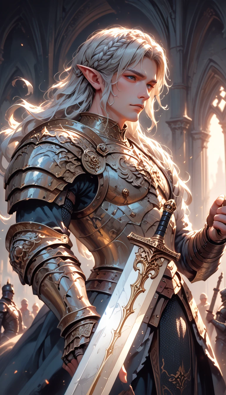 (((Best quality, 8k, Masterpiece: 1.3)), ((best quality)), ((masterpiece)), (detailed), perfect face, perfect body, (detailed skin:1.3), (intricate details), white hair, hair slicked back, long hair, Knight, royal guard, shiny sword, long sword, metal armor, gauntlets, elaborate armor, detailed armor, male, holding a long sword, the blade to thrust the sword into his opponent, elf, pointed ears, dark knight