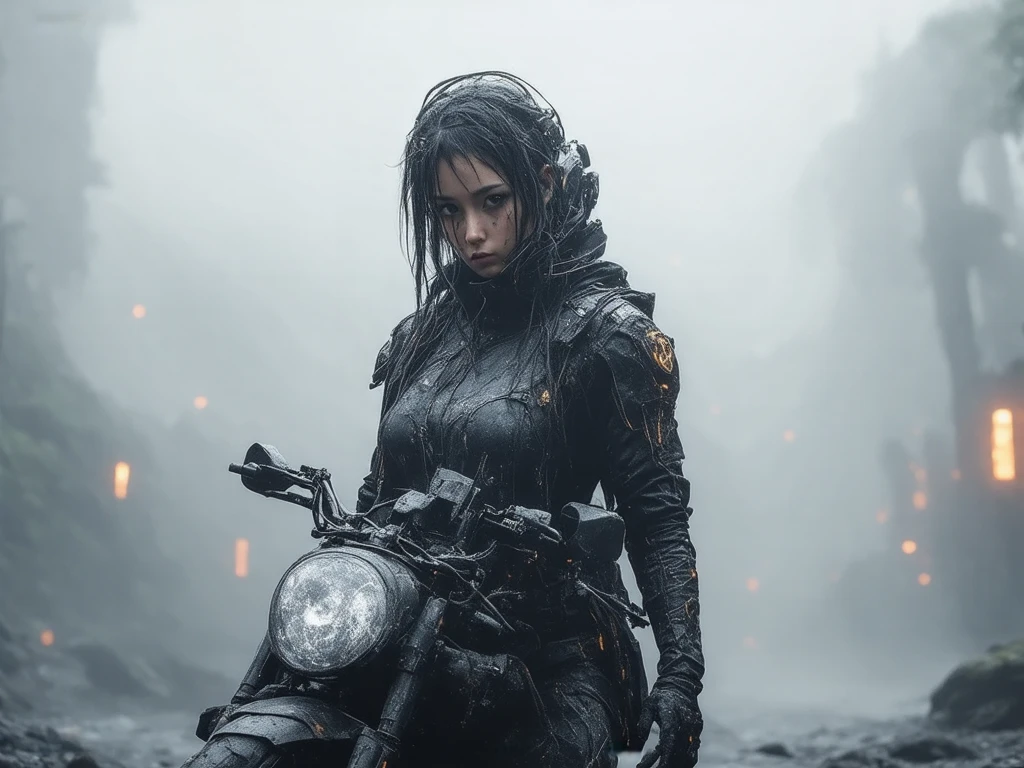 (masterpiece, best quality:1.8), 1girl, cyberpunk girl with shotgun and her motorbike, bio punk vibe, hyperrealistic, hyperdetailed, vibrant, volumetric light, glow