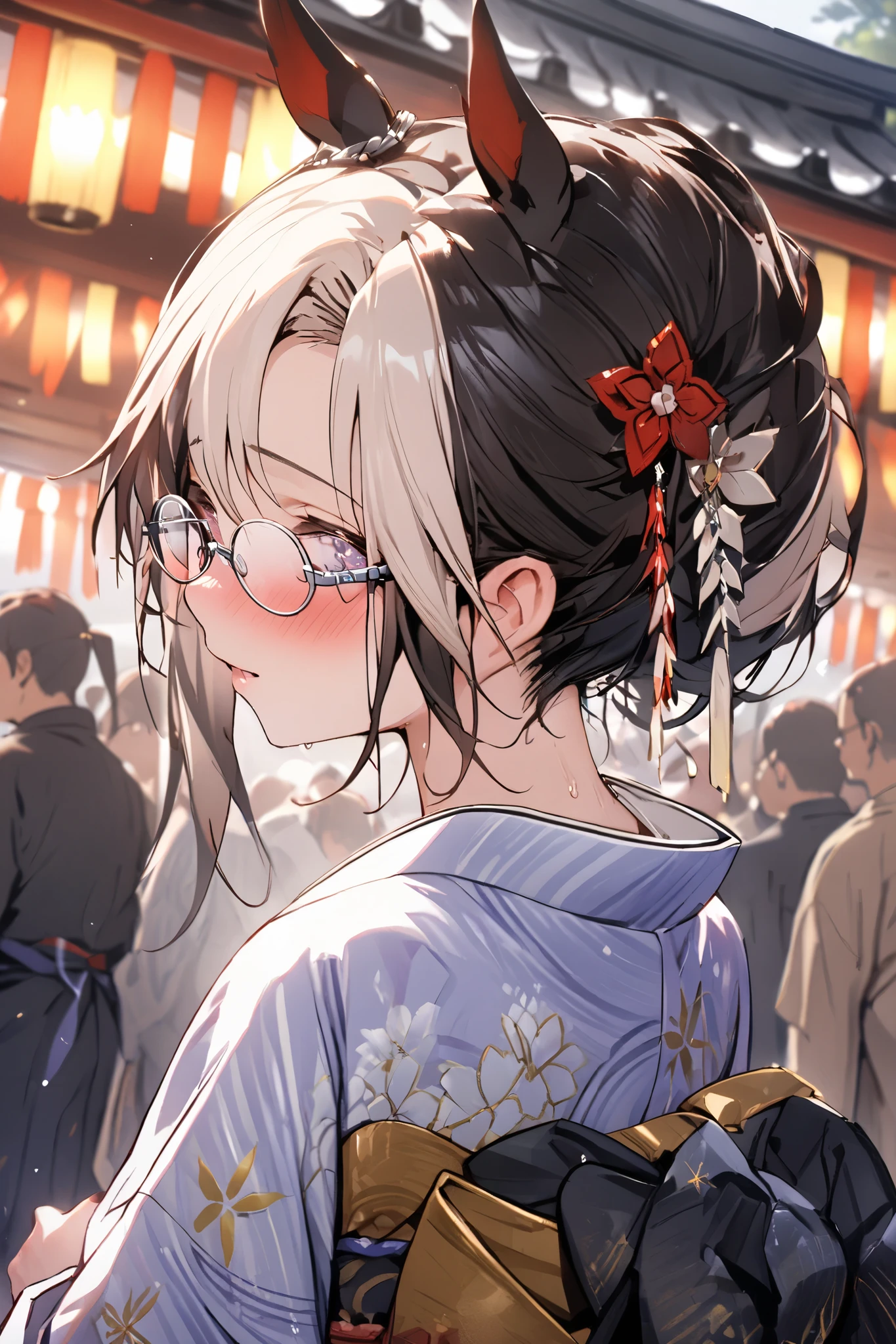 NSFW,masterpiece, top quality, high definition , very detailed,Dream Journey,Dream Journey\(Horse Girl\),Glasses,Two-tone hair, kimono,yukata,Nape,shrine,Festivals,blush