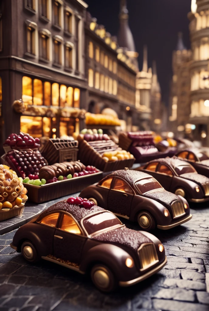 Fantastically surreal cityscape, edible composite buildings of bread, streets paved with luxurious dark chocolate, gourmet automobiles crafted from big juicy fruits, shallow depth of field, soft lighting, Mysterious