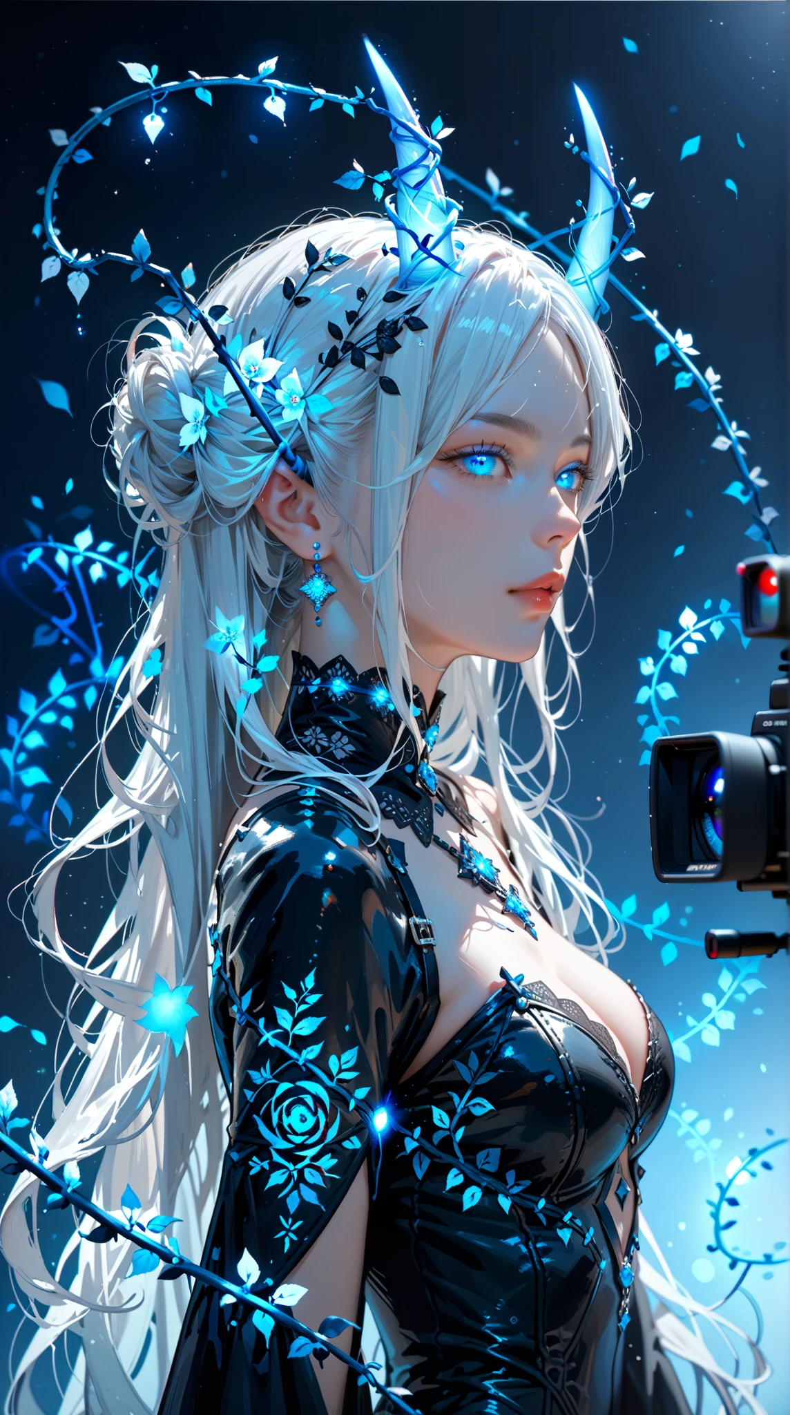 score_9, score_8_up, score_7_up, upscale 2x, (anime style, a beautiful female sorcerer, white hair, blue glowing horns and eyes, casting blue glowing twisted vines spells, wearing a black bodysuite, simple glowing background :1.2)