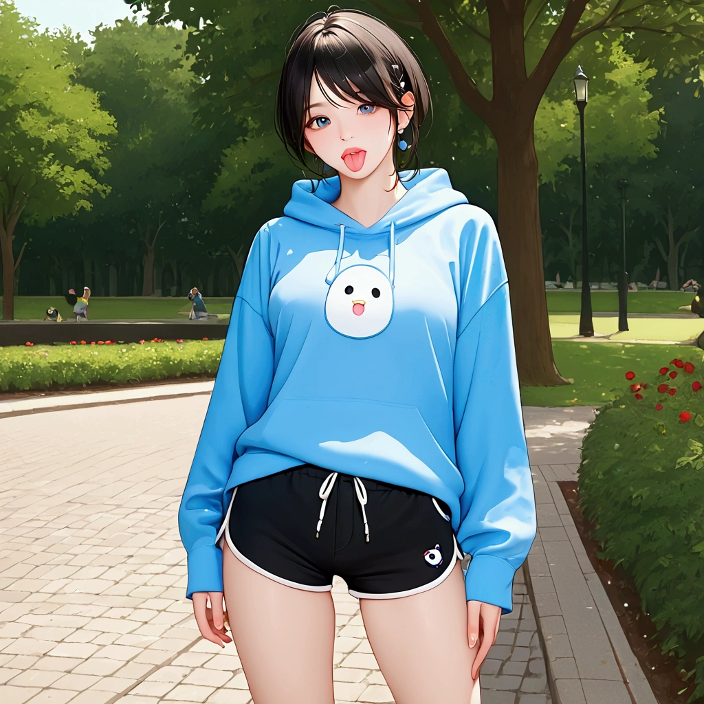 A girl with black hair with a blue gradient, blue sweatshirt with puppy print, sticking out the tongue, short dolphin shorts black, park background 