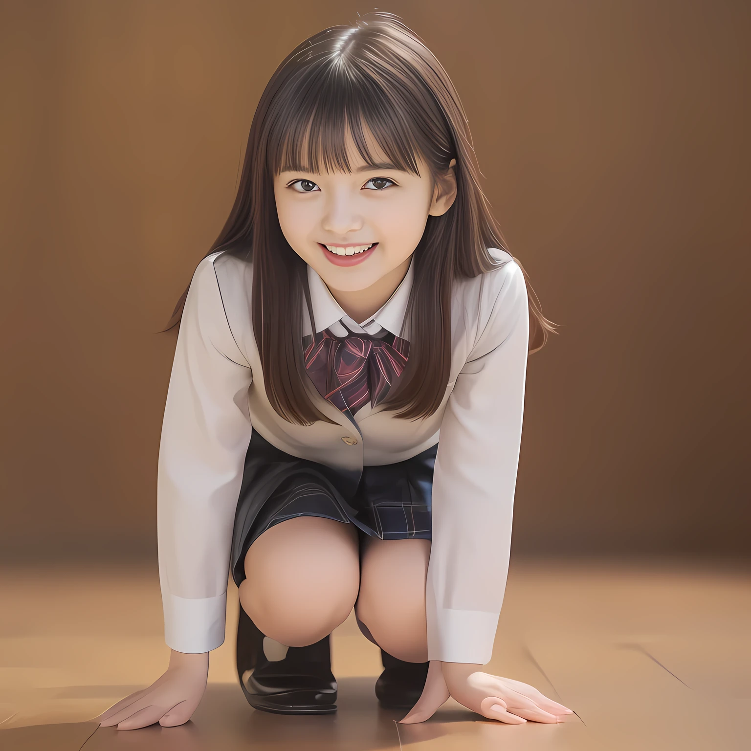 (Highest quality, masterpiece:1.2), Highest quality, High resolution, 1080P, 8k, clearly detailed, low-angle shot, height: 170cm, (Some 14yo idol girls are inviting, bending down deeply at waist, and looking down at the floor, bending down deeply at her waist, their shining eyes are looking down at the viewer directly, Girls faces are looking down and coming close to the viewer, Low-angle-skirt-close-shot from below the girls' knees, ((skirt close shot)), only high altar of succubus in school underground background: 2.0) (Nobly bowing super-pretty shining-long-hair super-beautiful super-bewitching super-cute expensive school-uniform pretty slender 14yo-fashion-model of most-beautiful-school-uniform-girl-models photo-magazine in Japan, too beautiful aristocratic daughter laughing down at the viewer, in supreme bliss, bowing and accepts the viewer's every desire: 1.8), (long bottom eye-slashes, long top eye-slashes), (very bewitching beautiful full-open lips: 1.4), (neat gorgeous school uniform of private high school in Japan. navy-school-blazer with gold-emblem, super-neat navy-blue-lined-tartan-checkered light-sky-blue-pleats-school-skirt, super-girly plain-red ribbon on the breast: 1.5), (bewitching expression, smile, lips, and pose to corrupt the viewer, everything is planned and prepared to corrupt the viewer into the allusion of love towards the girl: 1.2), (clearly detailed foreground focusing on girl's beauty and cuteness, gorgeous blue girly bed background of full-of-girls girly-heaven: 1.2), (some girls are putting her beautiful both hands and fingers on the viewer to tear off the viewer's cloths lustily and forcibly, which may also open the viewer's brain, pouring her girly white ecstasy drool to the viewer: 1.5), (sky-blue school skirt, beautiful legs, loafers: 1.6), (detailed brown eyes: 1.5)