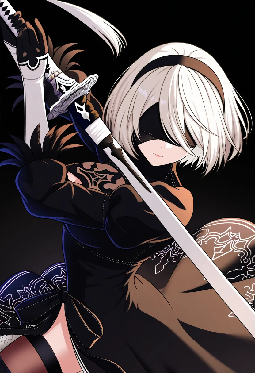 masterpiece, vibrant colours, HD32K, highly detailed, 2B (Nier Automata), classic outfit, sword, dynamic pose, dark background