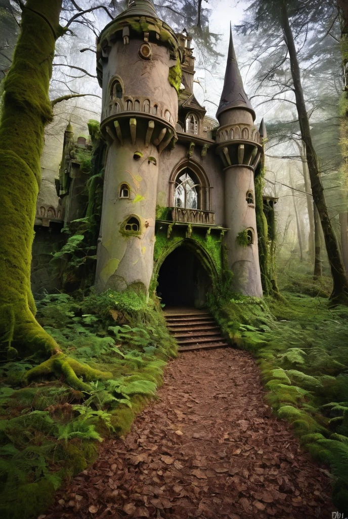 Fairy Morgan's fairy tale castle in a mysterious forgotten forest. the atmosphere of mysticism, mystery, distant and forgotten past