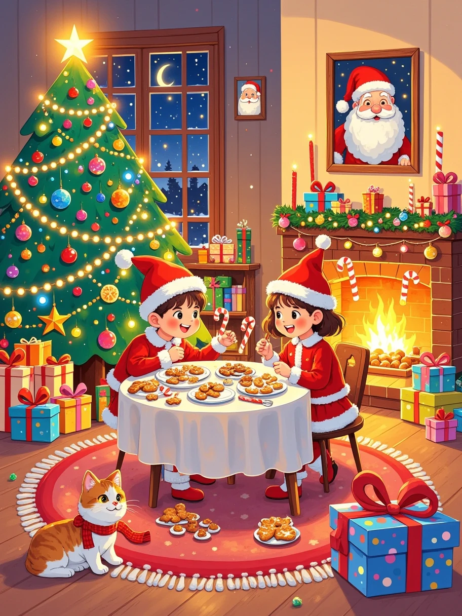 This painting is made in vector illustration style, with bright colors, magical atmosphere, whimsical, sparkling, fantasy Christmas world. In a warm room, a male and female couple wearing Santa Claus costumes enjoy a Christmas dinner.The room is decorated with a tall Christmas tree, which is covered with shining lights and colorful decorations.Next to it is a pile of gift boxes, the exquisite packaging revealing expectations and surprises.A warm fire burns in the fireplace, various Christmas decorations are placed around it, and a funny portrait of Santa Claus hangs on the wall.Tempting Christmas delicacies such as gingerbread cookies, candy canes, candies, etc. are placed on the table.The kitten at the foot is lying on the Christmas carpet, wearing a red scarf, and seems to be enjoying this warm moment.The whole room is filled with a strong Christmas atmosphere, full of joy and warmth, which is intoxicating, 1sdqljc1