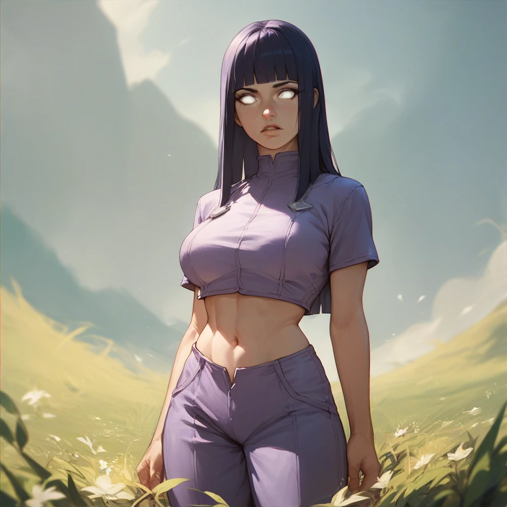 A girl with a a dark blue hime cut hairstyle, white eyes, large breasts, slender and curvaceous body wears a purple jumpsuit while she's on the field 