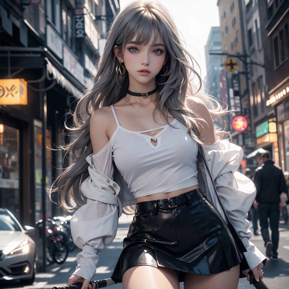 double whirlwind pattern design clothes，iris heterochromatic pupil，silver haired girl，free high resolution,off shoulder、