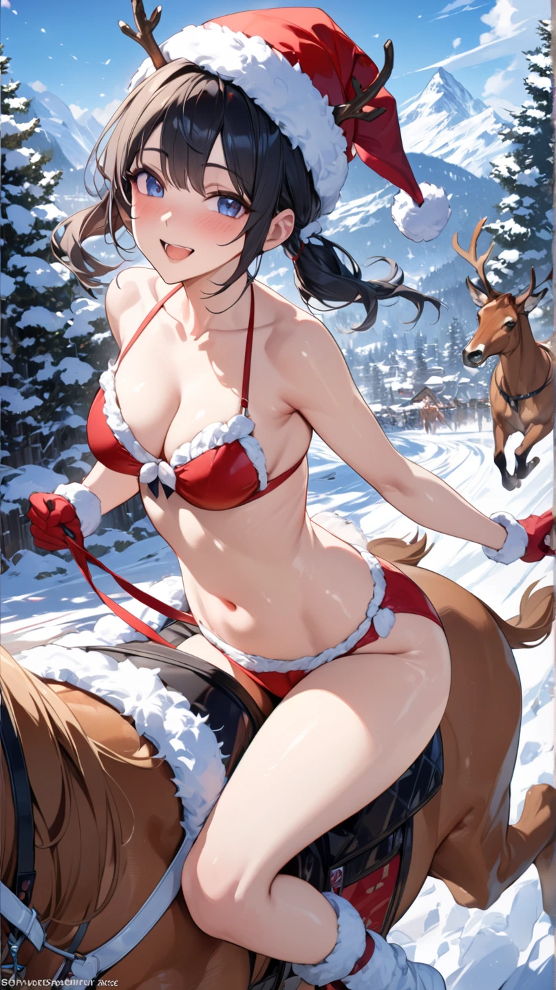 (score_10,score_9, score_8_up, score_7_up), 1girl,solo,(upper body), long_wide_shot,panorama_view,partially_submerged,small_breasts,standing_in_water,snow_forest,puddle,brown_hair,grey_eyes, deer_ears, big_deer_antlers, snowing,snow,outdoors_hot_spring,onsen,cabin,parted_bangs, forehead,absurdly_long_hair, hair_floating_in_water,hair_flower,mountain, red_bow_choker,steaming_body, smoke,crop top overhang,panties,covered nipples, t-shirt,single bare shoulder, parted lips, arms behind head,
