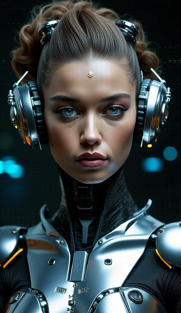 A highly detailed, realistic photo of a cybernetic woman. Her face is a seamless blend of human beauty and advanced technology, with metallic plates and glowing, intricate circuits integrated into her skin. Her eyes are striking that conveys intelligence and mystery. Delicate wires and biomechanical elements weave through her hair, styled sleekly to enhance her futuristic appearance. Her expression is confident and serene, emphasizing her humanity despite her cybernetic enhancements. The background is minimal and dark, with subtle futuristic light patterns, drawing full attention to the intricate details of her face and design. The overall image is hyper-realistic, with fine textures, soft lighting, and a cinematic atmosphere.