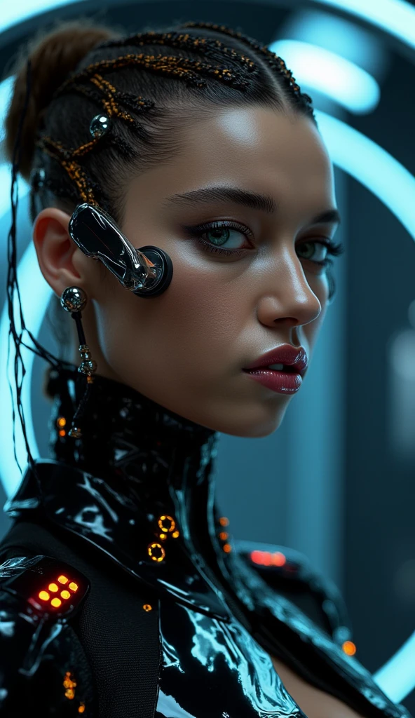 A highly detailed, realistic photo of a cybernetic woman. Her face is a seamless blend of human beauty and advanced technology, with metallic plates and glowing, intricate circuits integrated into her skin. Her eyes are striking that conveys intelligence and mystery. Delicate wires and biomechanical elements weave through her hair, styled sleekly to enhance her futuristic appearance. Her expression is confident and serene, emphasizing her humanity despite her cybernetic enhancements. The background is minimal and dark, with subtle futuristic light patterns, drawing full attention to the intricate details of her face and design. The overall image is hyper-realistic, with fine textures, soft lighting, and a cinematic atmosphere.