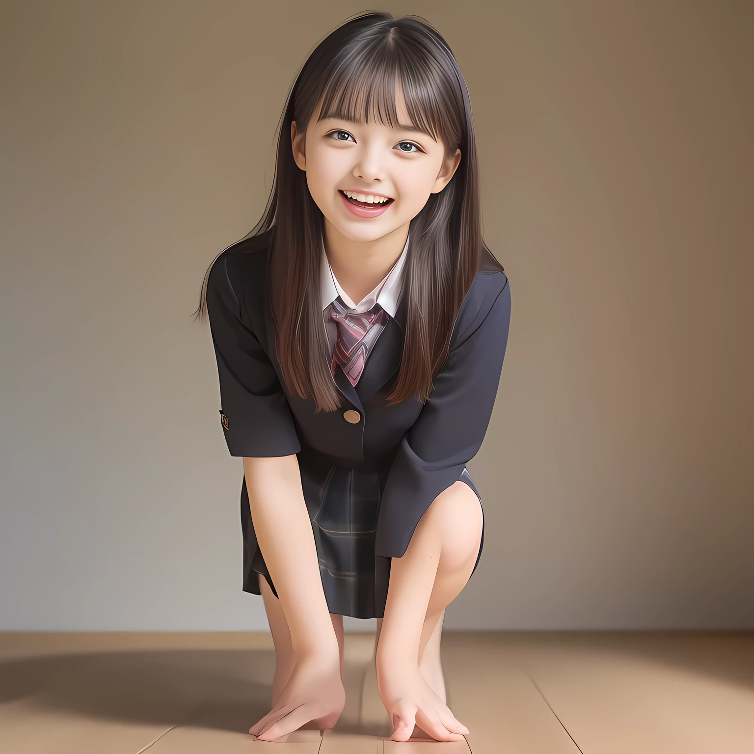 (Highest quality, masterpiece:1.2), Highest quality, High resolution, 1080P, 8k, clearly detailed, low-angle shot, height: 170cm, (Some 14yo idol girls are inviting, bending down deeply at waist, and looking down at the floor, bending down deeply at her waist, their shining eyes are looking down at the viewer directly, Girls faces are looking down and coming close to the viewer, Low-angle-skirt-close-shot from below the girls' knees, ((skirt close shot)), only high altar of succubus in school underground background: 2.0) (Nobly bowing super-pretty shining-long-hair super-beautiful super-bewitching super-cute expensive school-uniform pretty slender 14yo-fashion-model of most-beautiful-school-uniform-girl-models photo-magazine in Japan, too beautiful aristocratic daughter laughing down at the viewer, in supreme bliss, bowing and accepts the viewer's every desire: 1.8), (long bottom eye-slashes, long top eye-slashes), (very bewitching beautiful full-open lips: 1.4), (neat gorgeous school uniform of private high school in Japan. navy-school-blazer with gold-emblem, super-neat navy-blue-lined-tartan-checkered light-sky-blue-pleats-school-skirt, super-girly plain-red ribbon on the breast: 1.5), (bewitching expression, smile, lips, and pose to corrupt the viewer, everything is planned and prepared to corrupt the viewer into the allusion of love towards the girl: 1.2), (clearly detailed foreground focusing on girl's beauty and cuteness, gorgeous blue girly bed background of full-of-girls girly-heaven: 1.2), (some girls are putting her beautiful both hands and fingers on the viewer to tear off the viewer's cloths lustily and forcibly, which may also open the viewer's brain, pouring her girly white ecstasy drool to the viewer: 1.5), (sky-blue school skirt, beautiful legs, loafers: 1.6), (detailed brown eyes: 1.5)