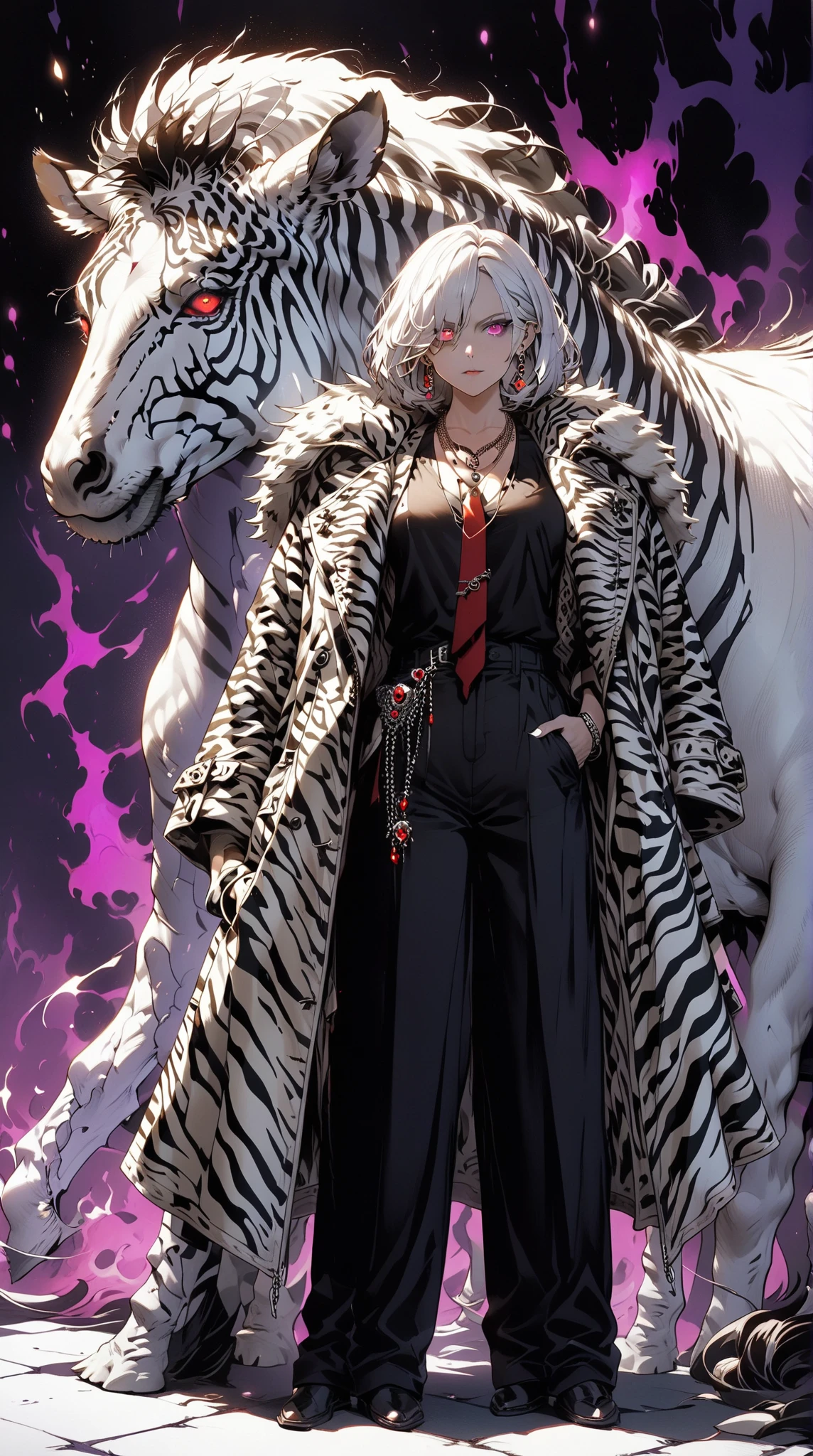 score_9, score_8_up, score_7_up, score_6_up, masterpiece, best quality, intricate details, 1girl, skinny, tall, curly bob cut hair \(white highlight, zigzag pattern\), earrings, old lady, large fur coat \(fluffy, zebra pattern\), chequered vest, necktie \(zebra pattern\), red slack pants, red glove, standing, angry stare, eye scar, one glowing red eye, one dark brown eye, skull necklace, low angle, holding purple fire, purple fire, purple light, dark background,