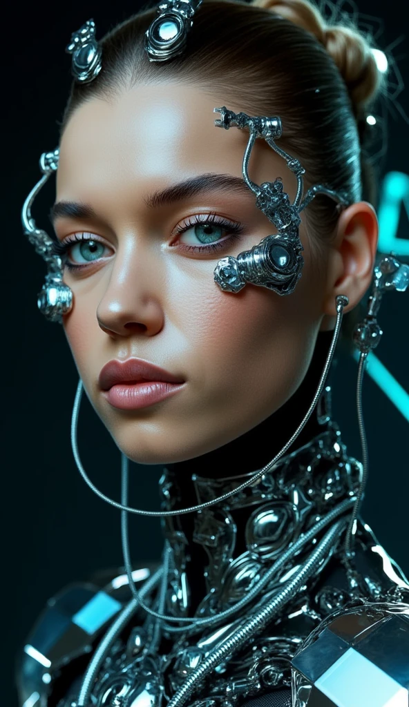 A highly detailed, realistic photo of a cybernetic woman. Her face is a seamless blend of human beauty and advanced technology, with metallic plates and glowing, intricate circuits integrated into her skin. Her eyes are striking that conveys intelligence and mystery. Delicate wires and biomechanical elements weave through her hair, styled sleekly to enhance her futuristic appearance. Her expression is confident and serene, emphasizing her humanity despite her cybernetic enhancements. The background is minimal and dark, with subtle futuristic light patterns, drawing full attention to the intricate details of her face and design. The overall image is hyper-realistic, with fine textures, soft lighting, and a cinematic atmosphere.