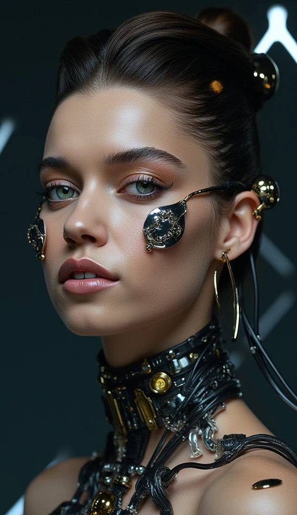 A highly detailed, realistic photo of a cybernetic woman. Her face is a seamless blend of human beauty and advanced technology, with metallic plates and glowing, intricate circuits integrated into her skin. Her eyes are striking that conveys intelligence and mystery. Delicate wires and biomechanical elements weave through her hair, styled sleekly to enhance her futuristic appearance. Her expression is confident and serene, emphasizing her humanity despite her cybernetic enhancements. The background is minimal and dark, with subtle futuristic light patterns, drawing full attention to the intricate details of her face and design. The overall image is hyper-realistic, with fine textures, soft lighting, and a cinematic atmosphere.