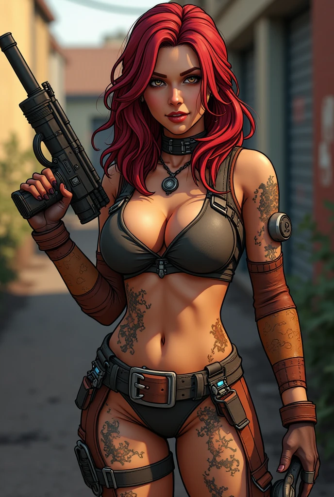 Post-apocalyptic female warrior  in Dmitry Sergeev style for the cover of magazine, wearing teared red shirt and black fishnets, scantily clad, art by Dmitry Sergeev