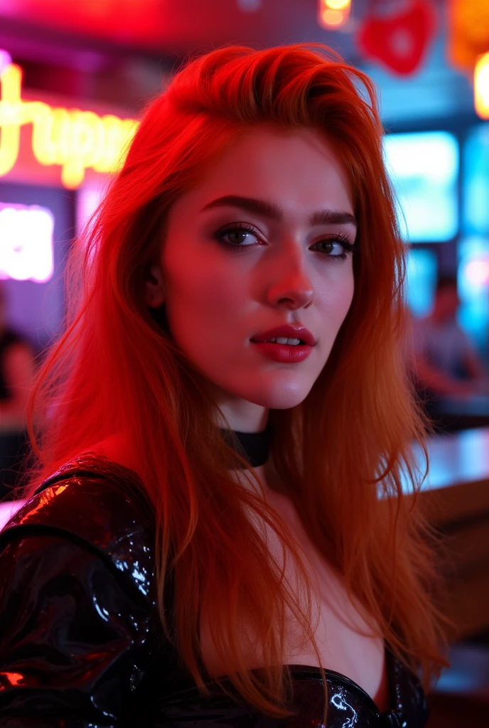 portrait,   redheaded ,  She is wearing shiny red lip gloss and thick eyeliner.,   looking directly at the spectator  ,  she is wearing a latex cyberpunk outfit , She is standing in a nightclub ,  The room is brightly lit with neon lights ,