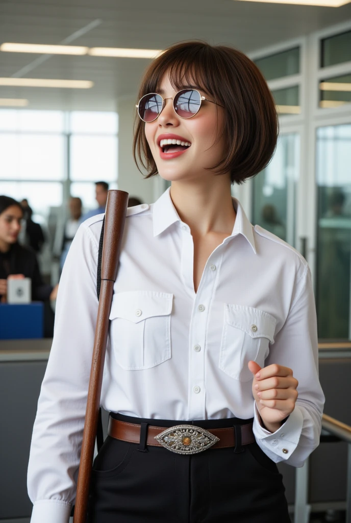 norvegian airport security lady , in white unbuttoned airport security shirt, laughing with her mouth open, red lipstick accentuating her smile,belt on waist, big wide hips, chest are fully grown, jewerly, short hair, aviator sunglasses, HD, holds long riding crop, enjoing at airport, photo-realism
