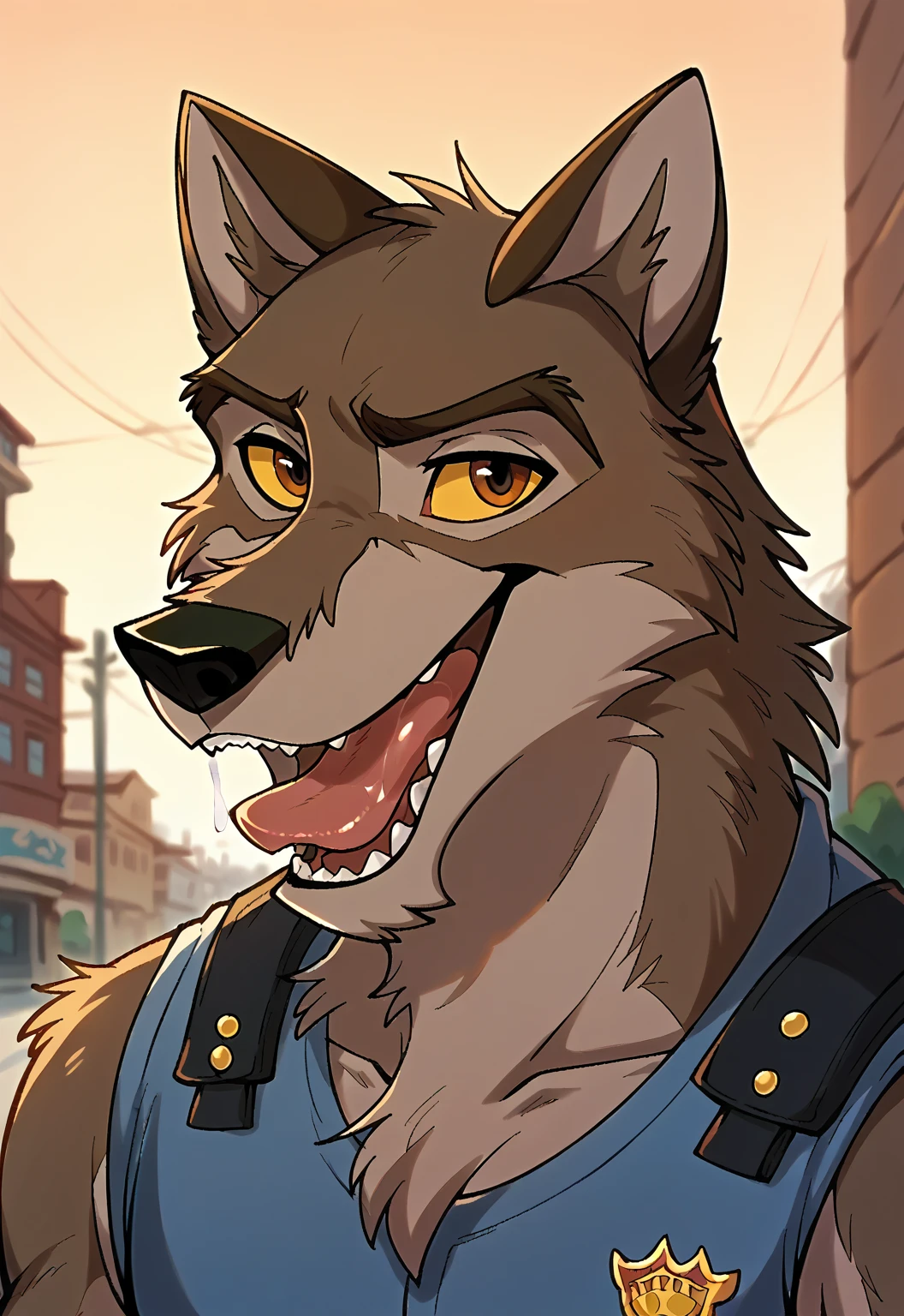 score_9, score_8_up, score_7_up, score_6_up, score_5_up, score_4_up, source_furry, hi res, sunset background, blurred background, upper body, solo, (Balto), wolf, wolf dog, yellow sclera, brown eyes, looking at viewer, anthro, male, Tongue, Smile, Open Mouth, drooling, police vest, dog style pov