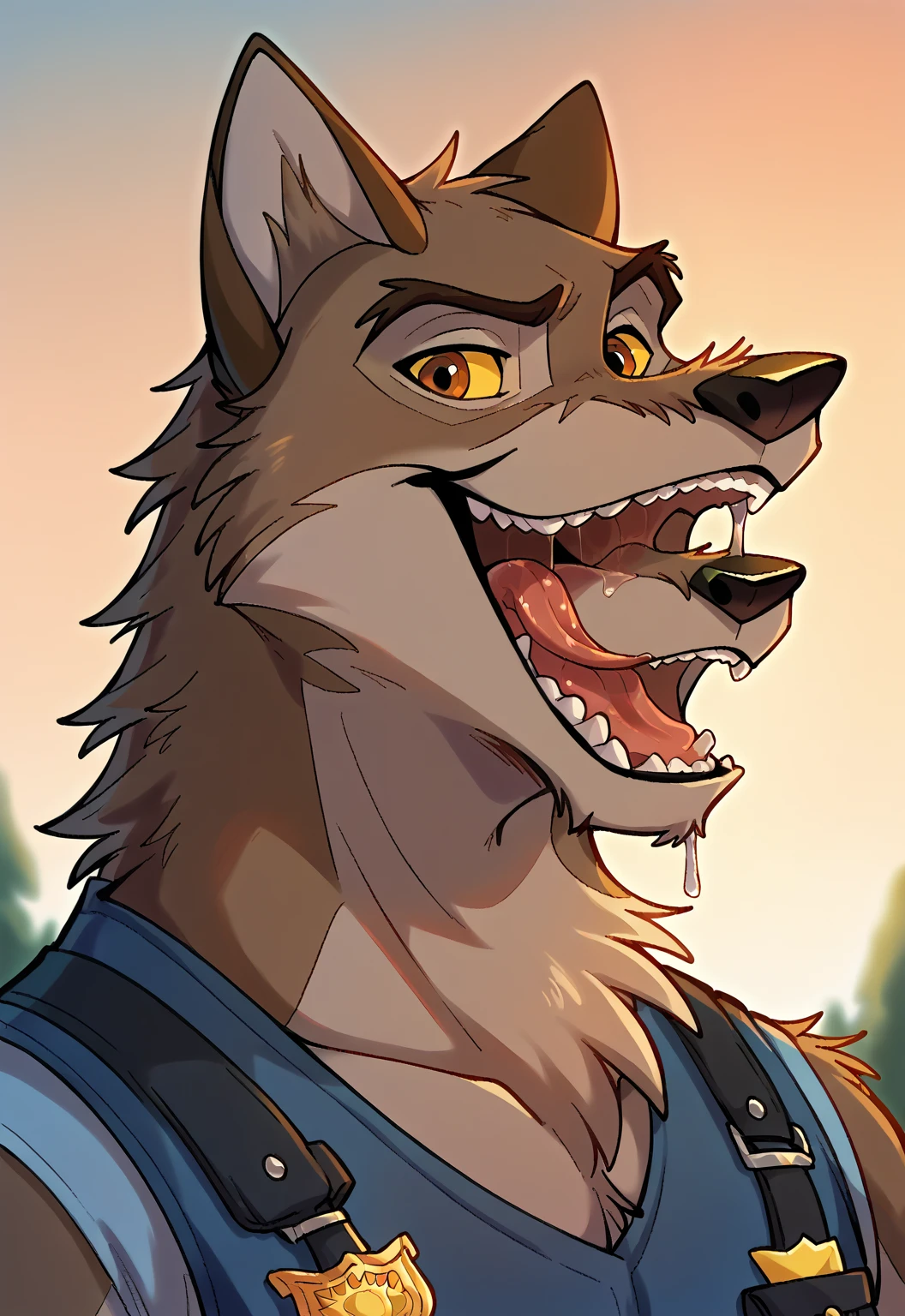 score_9, score_8_up, score_7_up, score_6_up, score_5_up, score_4_up, source_furry, hi res, sunset background, blurred background, upper body, solo, (Balto), wolf, wolf dog, yellow sclera, brown eyes, looking at viewer, anthro, male, Tongue, Smile, Open Mouth, drooling, police vest, dog style pov