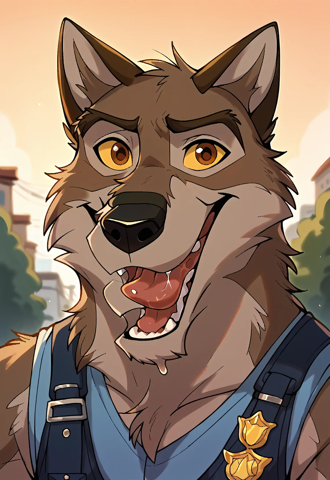 score_9, score_8_up, score_7_up, score_6_up, score_5_up, score_4_up, source_furry, hi res, sunset background, blurred background, upper body, solo, (Balto), wolf, wolf dog, yellow sclera, brown eyes, looking at viewer, anthro, male, Tongue, Smile, Open Mouth, drooling, police vest, dog style pov