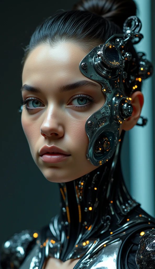 A highly detailed, realistic photo of a cybernetic woman. Her face is a seamless blend of human beauty and advanced technology, with metallic plates and glowing, intricate circuits integrated into her skin. Her eyes are striking that conveys intelligence and mystery. Delicate wires and biomechanical elements weave through her hair, styled sleekly to enhance her futuristic appearance. Her expression is confident and serene, emphasizing her humanity despite her cybernetic enhancements. The background is minimal and dark, with subtle futuristic light patterns, drawing full attention to the intricate details of her face and design. The overall image is hyper-realistic, with fine textures, soft lighting, and a cinematic atmosphere.