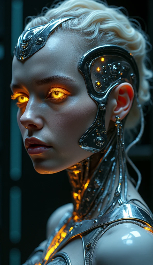 A highly detailed, realistic photo of a cybernetic woman. Her face is a seamless blend of human beauty and advanced technology, with metallic plates and glowing, intricate circuits integrated into her skin. Her eyes are striking that conveys intelligence and mystery. Delicate wires and biomechanical elements weave through her hair, styled sleekly to enhance her futuristic appearance. Her expression is confident and serene, emphasizing her humanity despite her cybernetic enhancements. The background is minimal and dark, with subtle futuristic light patterns, drawing full attention to the intricate details of her face and design. The overall image is hyper-realistic, with fine textures, soft lighting, and a cinematic atmosphere.