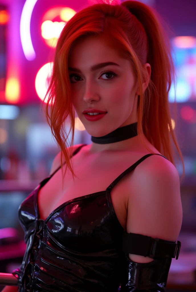 portrait,   redheaded , ponytail,  She is wearing shiny red lip gloss and thick eyeliner.,   looking directly at the spectator  ,  she is wearing a latex cyberpunk outfit , cleavage, She is standing in a nightclub ,  The room is brightly lit with neon lights ,