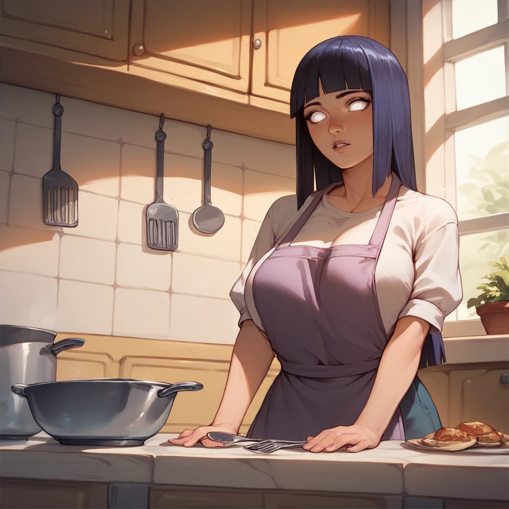 A girl with a a dark blue hime cut hairstyle, white eyes, large breasts, slender and curvaceous body wears a purple naked apron on the kitchen.