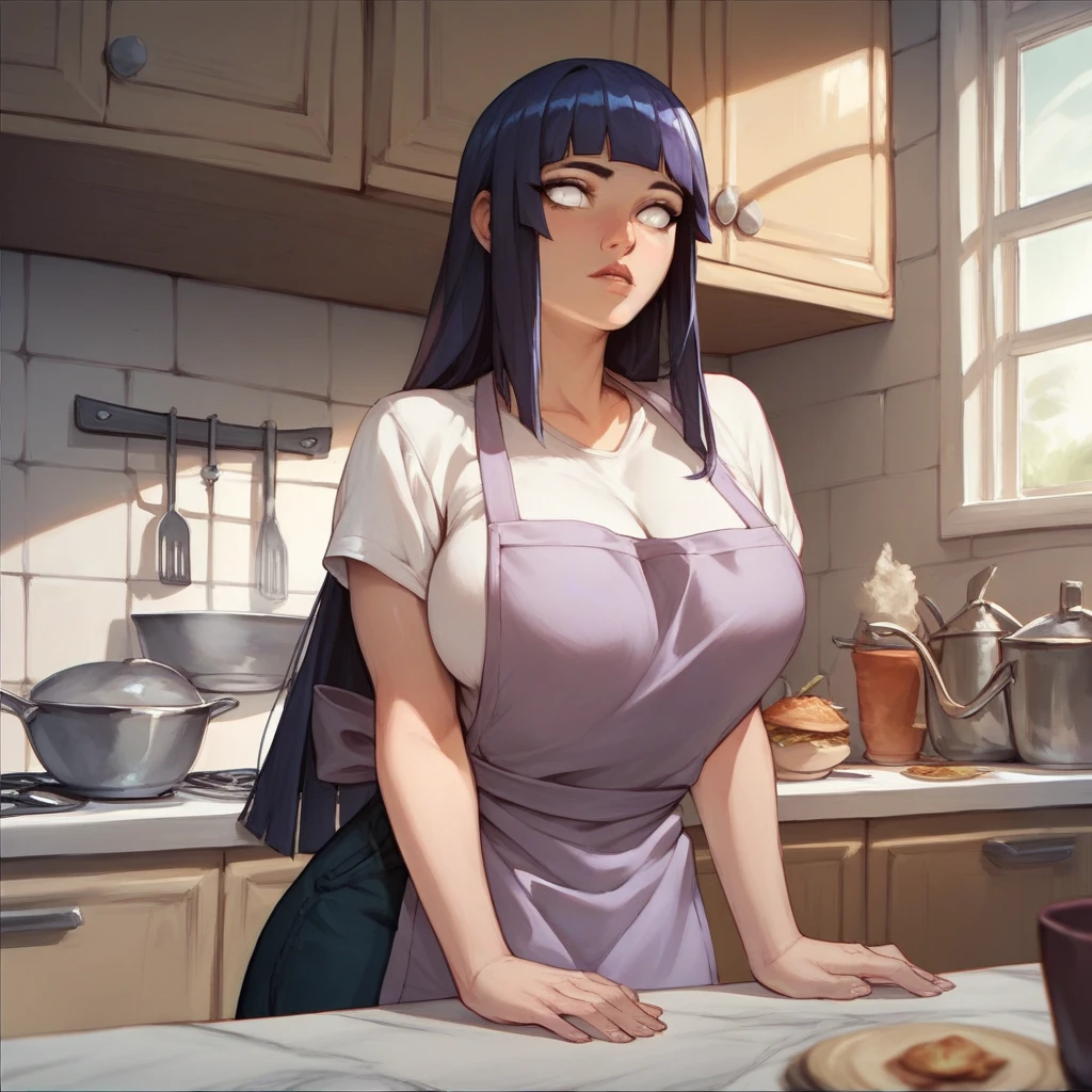 A girl with a a dark blue hime cut hairstyle, white eyes, large breasts, slender and curvaceous body wears a purple naked apron on the kitchen.