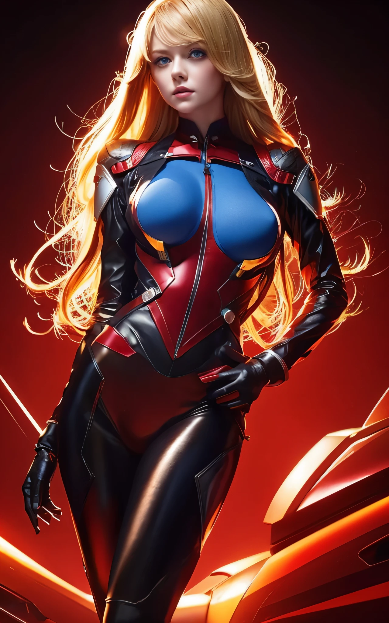 girl, 20s, red_bodysuit, mecha, blonde, blue eyes, smooth bodysuit, large breasts, stunning proportions, highleg design