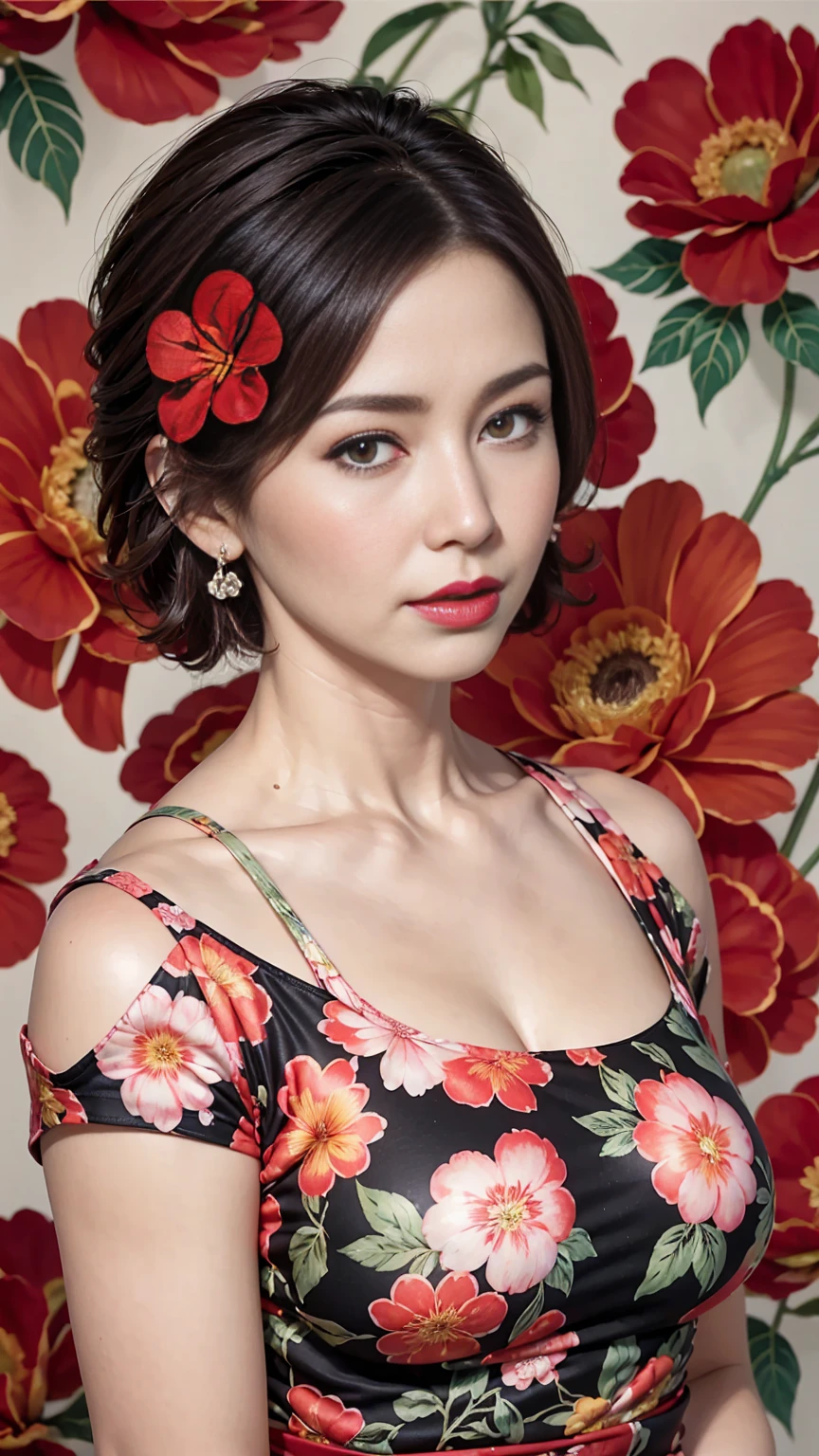 2d, pastel color, watercolor, lineart, ankymoore, 1girl, solo, short hair, simple background, black hair, dress, jewelry, upper body, flower, earrings, black eyes, black dress, makeup, floral print, lipstick, red flower, brown background, red lips, print dress, tan background