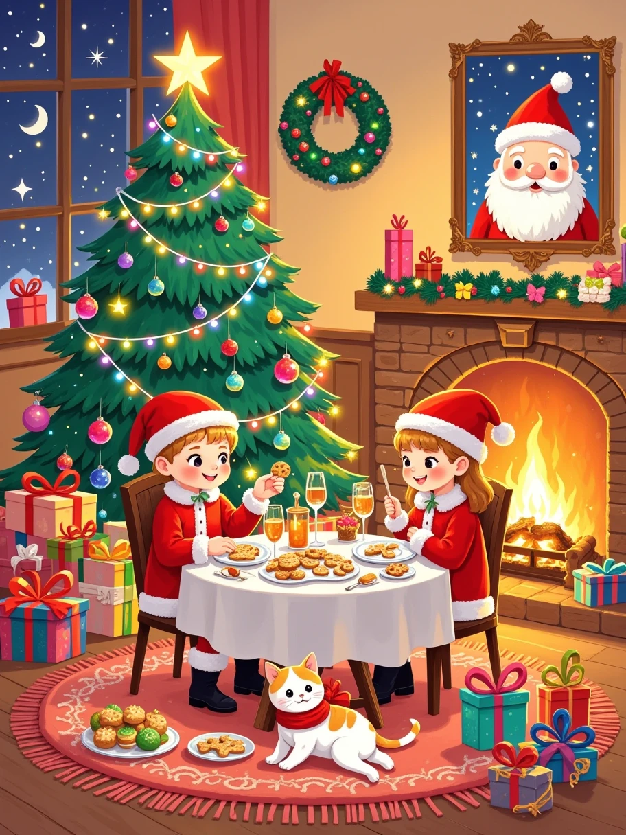 This painting is made in vector illustration style, with bright colors, magical atmosphere, whimsical, sparkling, fantasy Christmas world. In a warm room, a male and female couple wearing Santa Claus costumes enjoy a Christmas dinner.The room is decorated with a tall Christmas tree, which is covered with shining lights and colorful decorations.Next to it is a pile of gift boxes, the exquisite packaging revealing expectations and surprises.A warm fire burns in the fireplace, various Christmas decorations are placed around it, and a funny portrait of Santa Claus hangs on the wall.Tempting Christmas delicacies such as gingerbread cookies, candy canes, candies, etc. are placed on the table.The kitten at the foot is lying on the Christmas carpet, wearing a red scarf, and seems to be enjoying this warm moment.The whole room is filled with a strong Christmas atmosphere, full of joy and warmth, which is intoxicating, 1sdqljc1