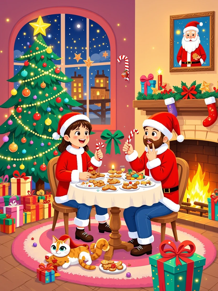 This painting is made in vector illustration style, with bright colors, magical atmosphere, whimsical, sparkling, fantasy Christmas world. In a warm room, a male and female couple wearing Santa Claus costumes enjoy a Christmas dinner.The room is decorated with a tall Christmas tree, which is covered with shining lights and colorful decorations.Next to it is a pile of gift boxes, the exquisite packaging revealing expectations and surprises.A warm fire burns in the fireplace, various Christmas decorations are placed around it, and a funny portrait of Santa Claus hangs on the wall.Tempting Christmas delicacies such as gingerbread cookies, candy canes, candies, etc. are placed on the table.The kitten at the foot is lying on the Christmas carpet, wearing a red scarf, and seems to be enjoying this warm moment.The whole room is filled with a strong Christmas atmosphere, full of joy and warmth, which is intoxicating