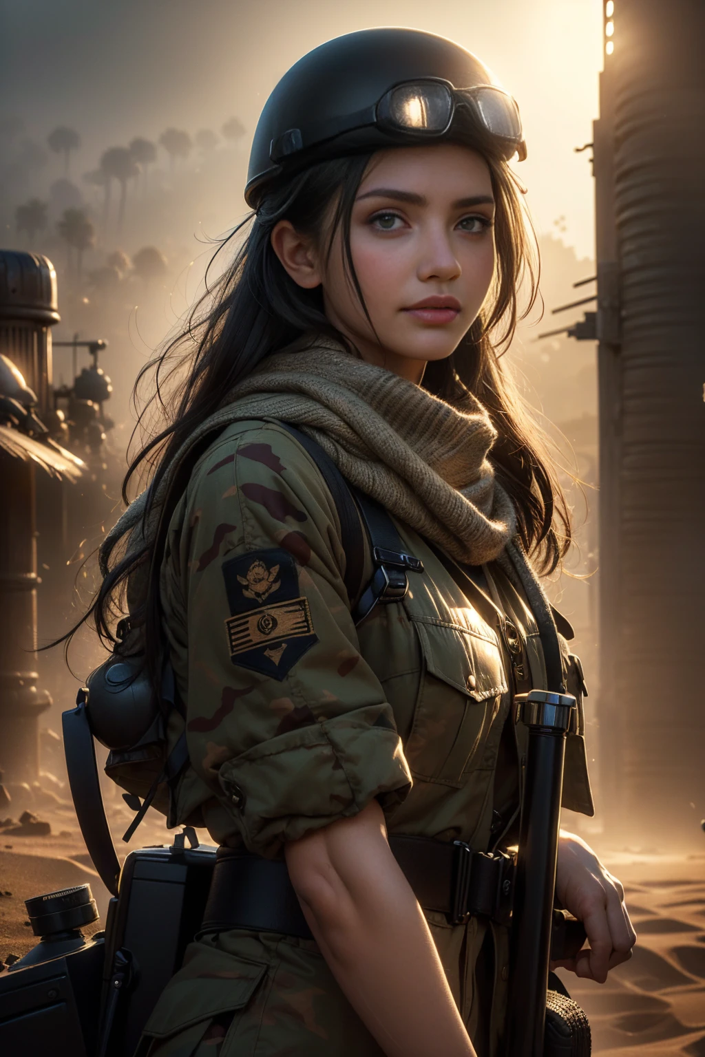 ((masterpiece, highest quality, Highest image quality, High resolution, photorealistic, Raw photo, Extremely detailed CG unified 8k wallpaper)), (huge stunning goddess shot, very hot and sexy, jaw-dropping beauty, perfect proportions, beautiful body, slim body beauty:1.4), (a lot of freckles on face), (a sexy young woman dressed as an armored vehicle driver's uniform), (Various stickers and marks on the uniform), (revealing_clothes), (wearing combat helmet and goggles, Scarf), (Face with camouflage cream, skin that sweat a lot), (a calm expression with a slight smile), (Detailed Tattoo, Irezumi, tattoo, tattoo), (with a large machine gun in her's hand) (Sahara Desert in Africa, Sandstorms), (a fierce battle on the battlefield), Cameron Diaz