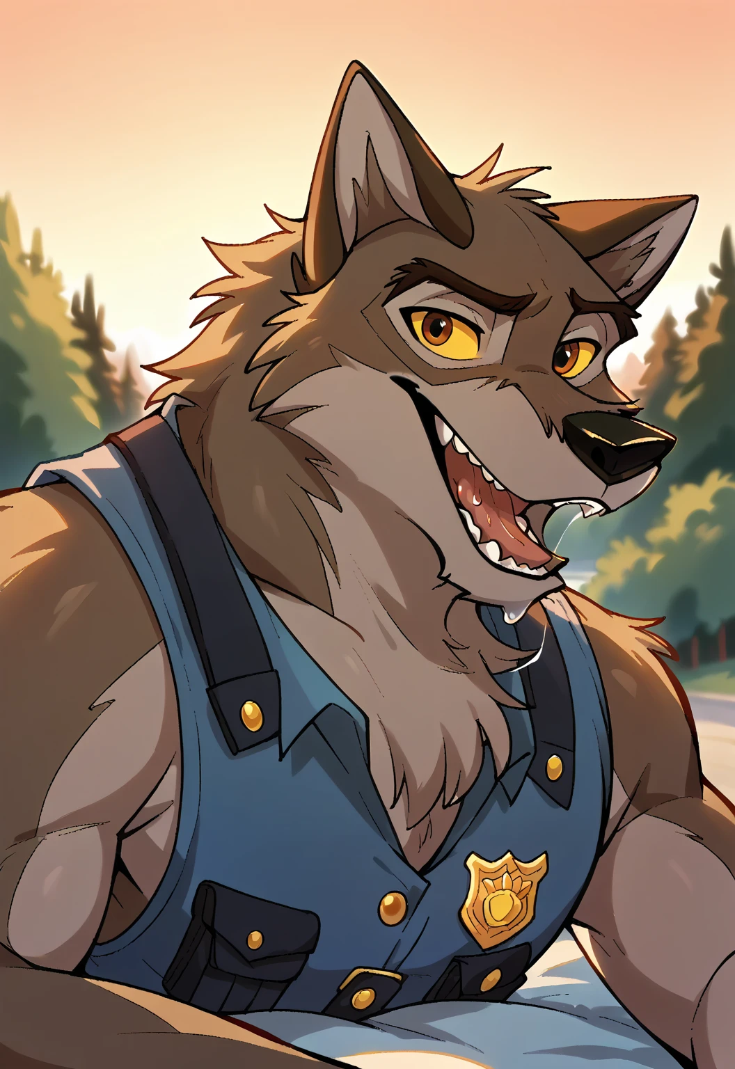 score_9, score_8_up, score_7_up, score_6_up, score_5_up, score_4_up, source_furry, hi res, sunset background, blurred background, upper body, solo, (Balto), wolf, wolf dog, yellow sclera, brown eyes, looking at viewer, anthro, male, Tongue, Smile, Open Mouth, drooling, police vest, dog style pov, lying down on the viewer