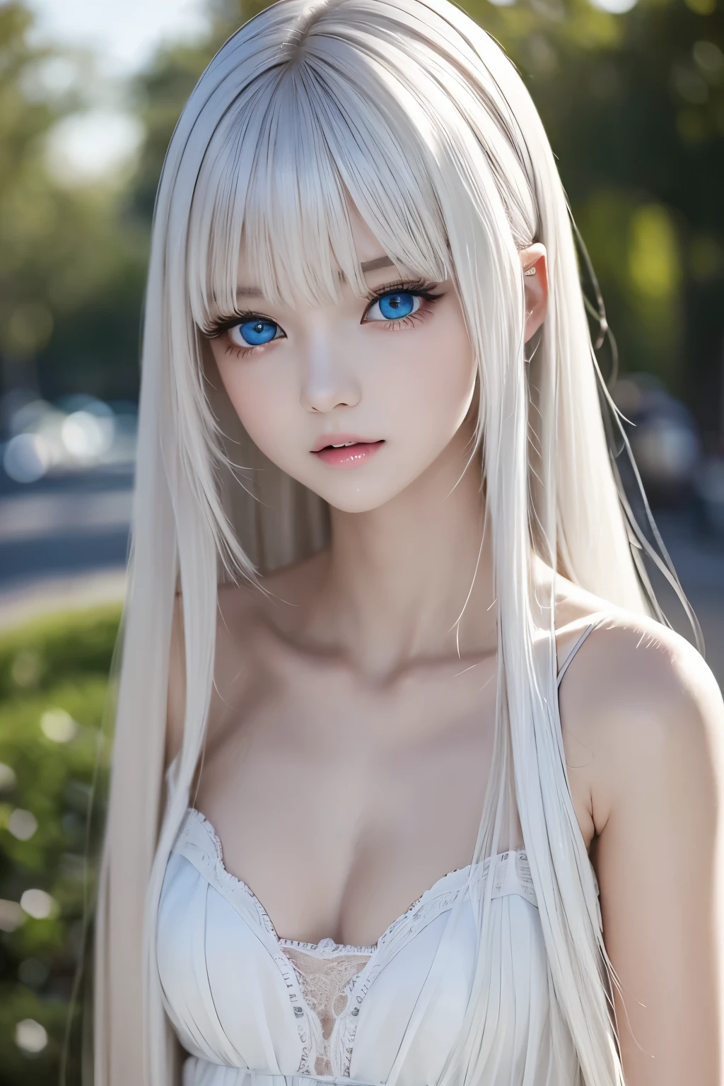 16 year old cute, sexy and beautiful face、Shining hair dancing in front of your cute face、Long silky bangs cover the eyes、My hair is too long to hide my face、Sexy and cute young woman's shiny super long straight platinum blonde hair、white skin、Beautiful blue eyes that are so big and sparkle、milky white long hair breasts、white clothes、Fufu is a very cute face、This is a cute sweet girl top quality、masterpiece、Natural blonde hair、gold eyes、white clothes、look up、Upper body、hair、Fair skin、side braids、cute face girl