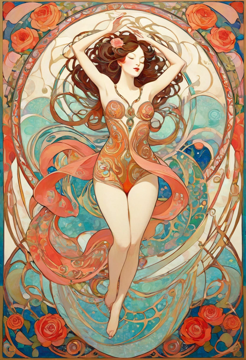 theatre poster 1woman, pastel colours 1960's psychedelic poster nude full body unclothéd shorthair Stoya pastelgoth beauty woman (highly detailed) (darren grealish)tomer hanuka (alphonse Mucha) Petra Collins indian matchbox art, decals typography and stickers jugendstil psychedelia,

Expressive