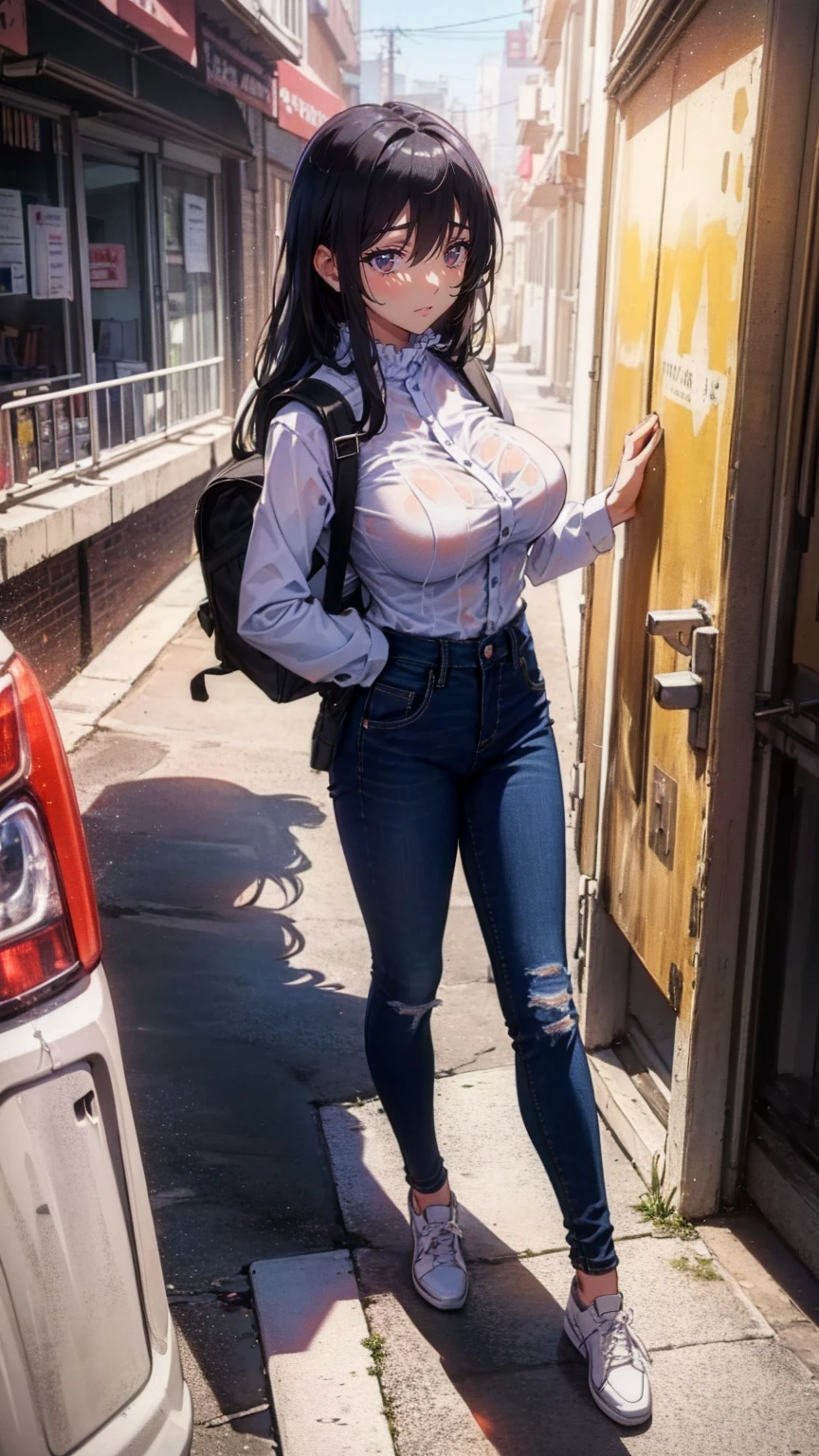 masterPiece,  high definition  ,  One Girl  , 20 and.〇,  black hair, P〇 night tail , (  just the right fit:1.7), thin, TransParent white shirt:1.7, (  wet:1.2),(  big bust :1.5),Denim mini Pants,  wearing shoes , carrying land〇fun backPack, (land〇fun backPack:1.1), crime Prevention〇n buzzer ,  standing with different breasts  , uPPer b〇you:1.7, city
