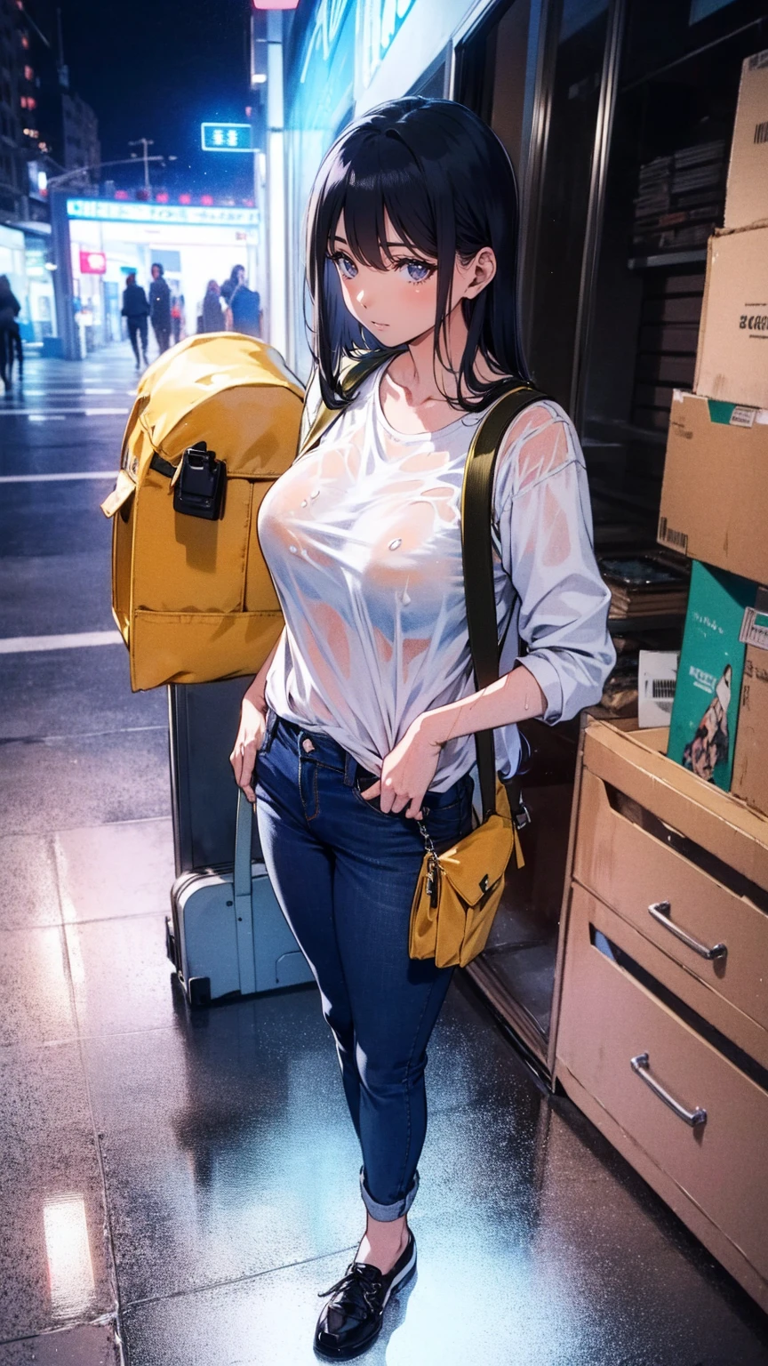 masterPiece,  high definition  ,  One Girl  , 20 and.〇,  black hair, P〇 night tail , (  just the right fit:1.7), thin, TransParent white shirt:1.7, (  wet:1.2),(  big bust :1.5),Denim mini Pants,  wearing shoes , carrying land〇fun backPack, (land〇fun backPack:1.1), crime Prevention〇n buzzer ,  standing with different breasts  , uPPer b〇you:1.7, city
