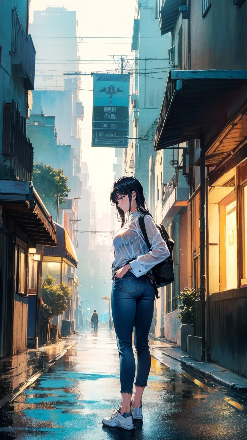 masterPiece,  high definition  ,  One Girl  , 20 and.〇,  black hair, P〇 night tail , (  just the right fit:1.7), thin, TransParent white shirt:1.7, (  wet:1.2),(  big bust :1.5),Denim mini Pants,  wearing shoes , carrying land〇fun backPack, (land〇fun backPack:1.1), crime Prevention〇n buzzer ,  standing with different breasts  , uPPer b〇you:1.7, city
