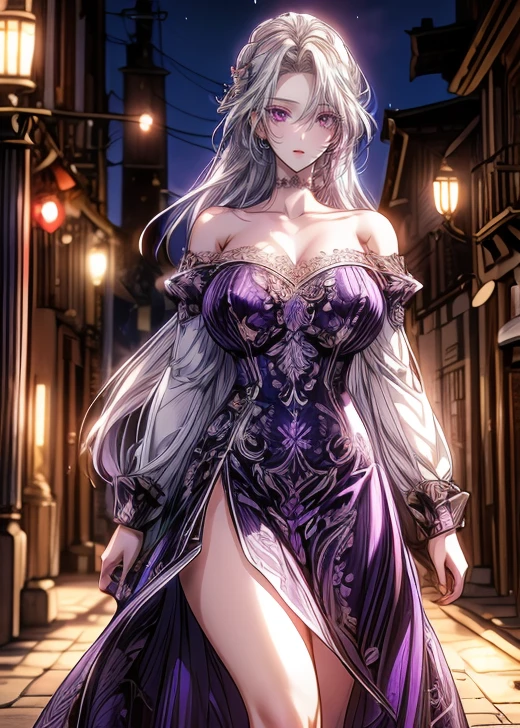 best quality, masterpiece, realistic image, intricate details, raw photo, ultra detailed, young woman, with peasant style dress, light skinned,  bright purple eyes, no necklines, whitish purple hair, perfect detailed and blue eyes, walking in an old city, HD quality, 8K, young woman, over 20 years old, air of authority, smiling expression 