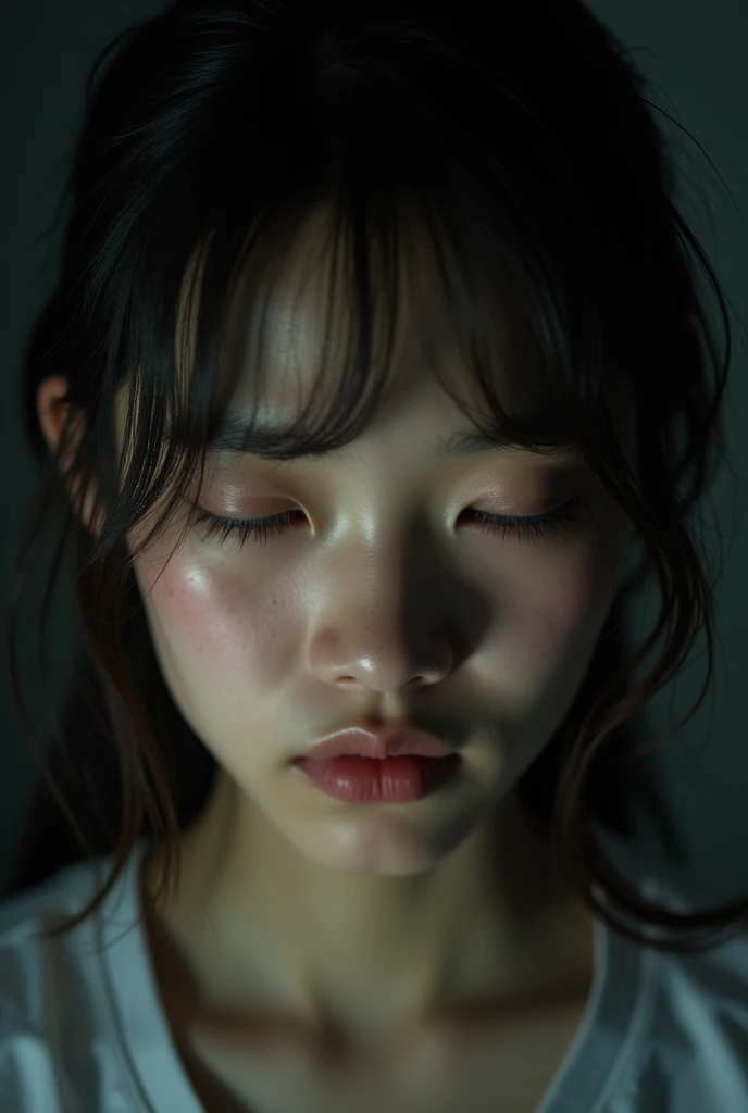 (High resolution:1.3), (16k, Photorealistic, Raw photo, Best image quality: 1.4), Japanese, (One Girl), Beautiful Face, (A vivid face), (Black-haired、Long Hair:1.3、bangs:1.2), (Black Eyes 1.3), Beautiful Hairstyles, Realistic eyes, Beautifully detailed eyes, (Realistic Skin), Beautiful skins, attractive, 超A high resolution, Surreal, High detail, Golden Ratio, Highly detailed cute girl,(20-year-old), ((naked)), locker room, (Crying face:1.4)