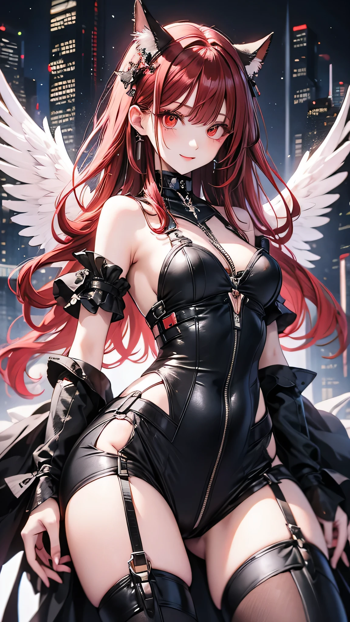 best quality, 16k, super fine illustration 
, extremely detailed CG , masterpiece, official art
,1girl, solo, long hair, breasts, looking at viewer, blush, bangs, skirt, black hair, dress, bare shoulders, medium breasts, standing, thighs, red hair, multicolored hair, cowboy shot, outdoors, wings, sky, sleeveless, cloud, black skirt, medium hair, water, black dress, from side, two-tone hair, looking to the side, sideboob, floating hair, sleeveless dress, bird, building, feathered wings, backlighting, black wings, sunset, colored inner hair, pleated dress, bracer
 , , [slow shutter speed] , [perfect anatomy]
 , , [Professional certification] , [best shadow]
 ,, , [natural light] ,, , [natural reflection],